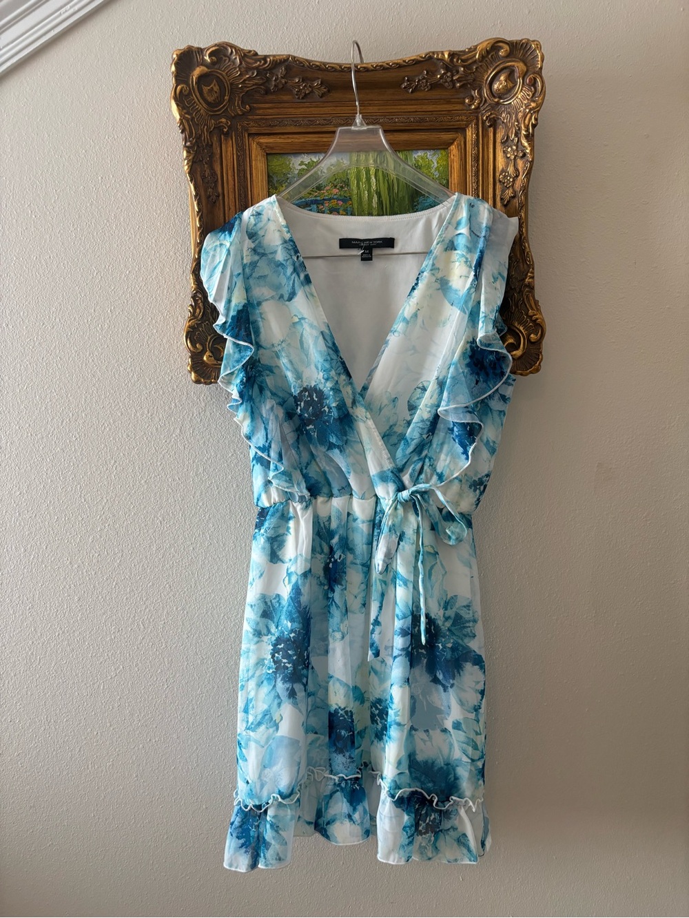 Marc New York Andrew Marc Blue Floral Chiffon Faux-Wrap Ruffle Mini Dress